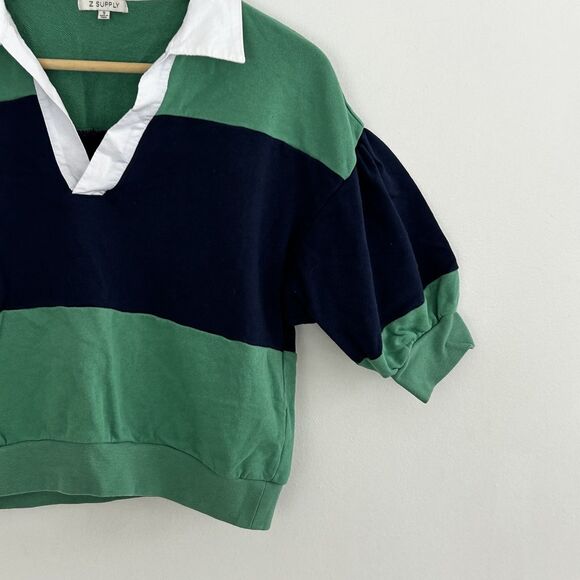 Z Supply Cropped Polo Rugby Short Sleeve Sweatshirt Shirt Size Small Green Blue - Picture 3 of 8